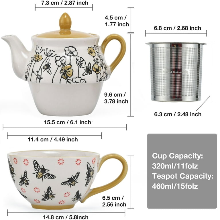 Taimei Teatime Tea Set for Adults, 15oz Teapot with Infuser and Cup Set,  Ceramic Tea for One Set with Handpainted Bee and Floral Pattern, Loose Leaf  Tea Maker Set 