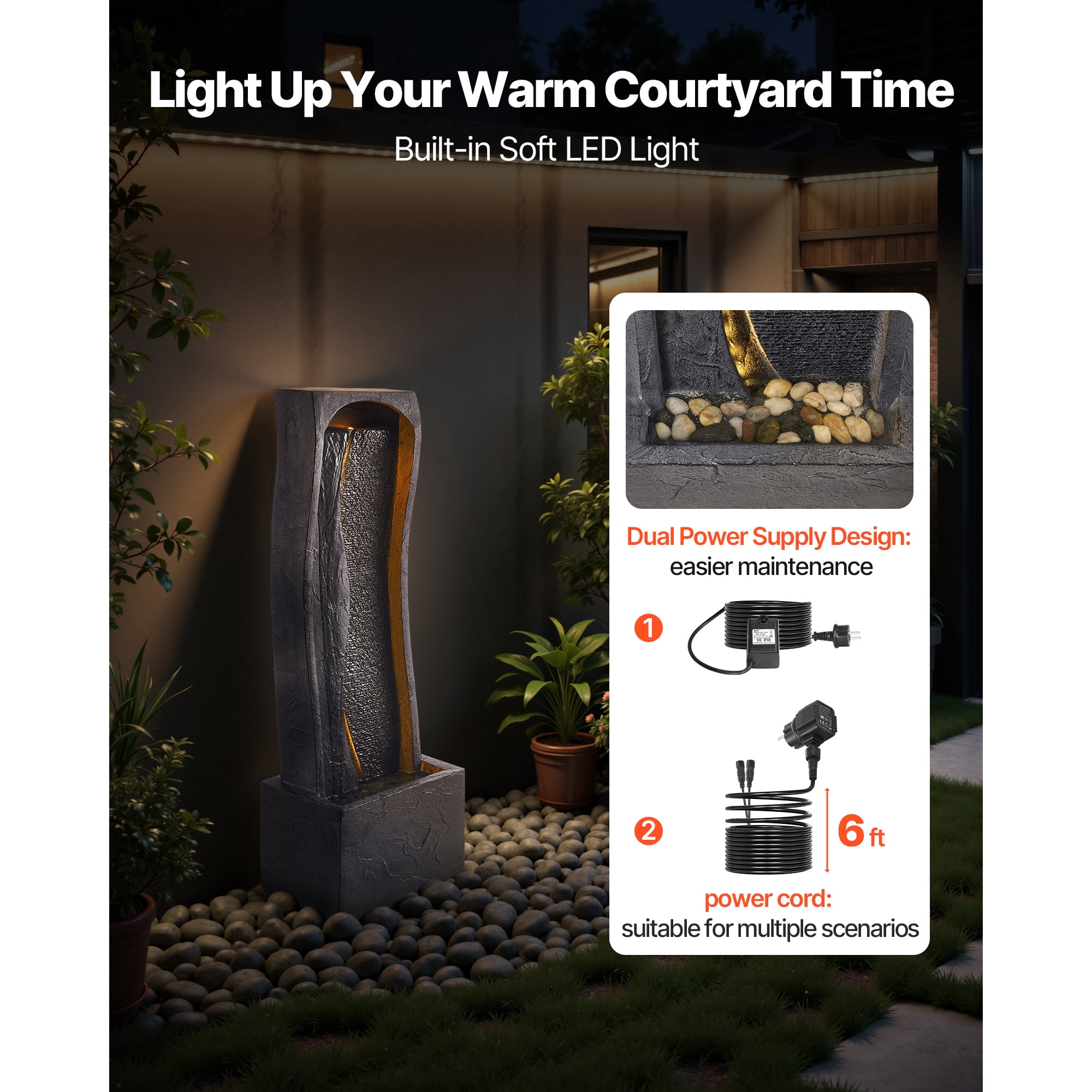 KFFKFF Outdoor Water Fountain, 38.58-Inch Tall with LED Light and Pump, 1-Tier Floor Standing Rock Base Design for Garden, Home, Patio, and Backyard Use