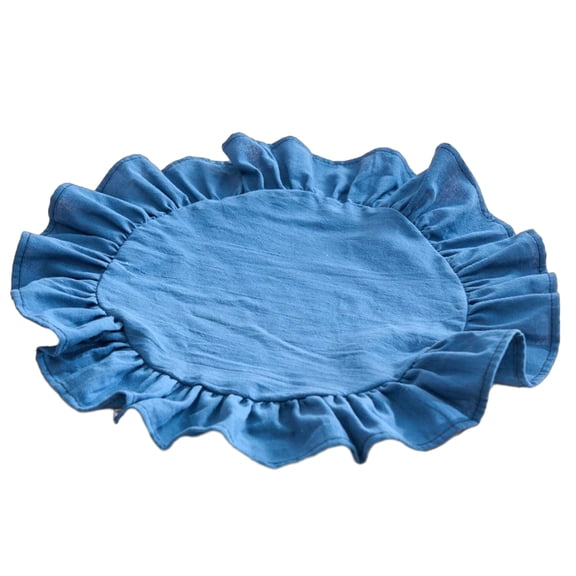 OIUR 15 Inch Boho Fabric Placemat, Rustic Farmhouse Round Ruffle Place Mat, Washable Scalloped Edge Table Mats for Kitchen Dining Party Table Decor