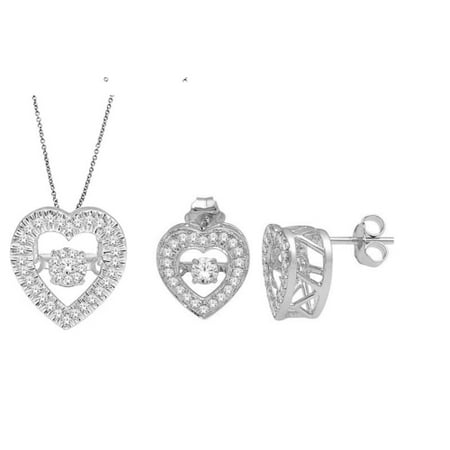 Genuine Natural 0.37 Carat Dancing Diamond Heart Shaped Pendant Necklace And Earrings Set In 14K White Gold.