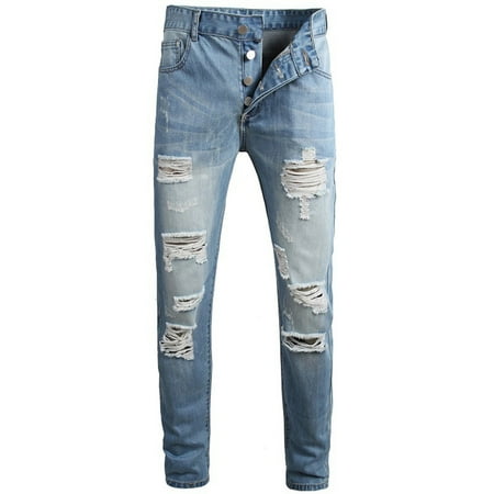 

Moxiu Men s Distressed Ripped Denim Pants Button Slim Washed Destroyed Jeans Straight Leg Stretch Skinny Denim Trouser