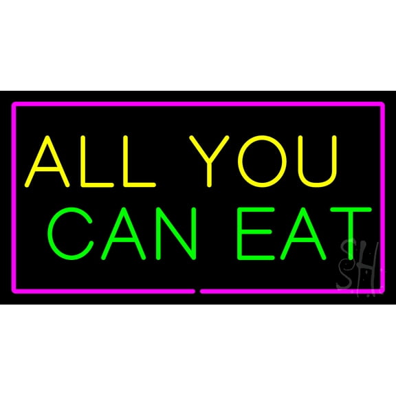 All You Can Eat Rectangle Purple LED Neon Sign 13 x 24 - inches, Clear Edge Cut Acrylic Backing, with Dimmer - Bright and Premium built indoor LED Neon Sign for restaurant window and interior decor.