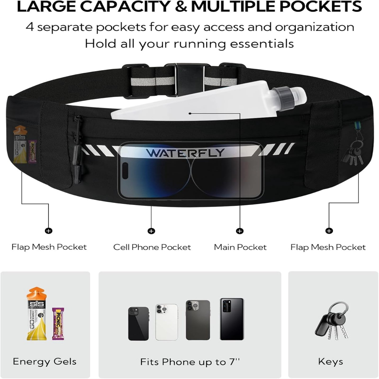 WATERFLY Unisex Adjustable Marathon Jogging Fitness Nylon Running Waist Belt,Black