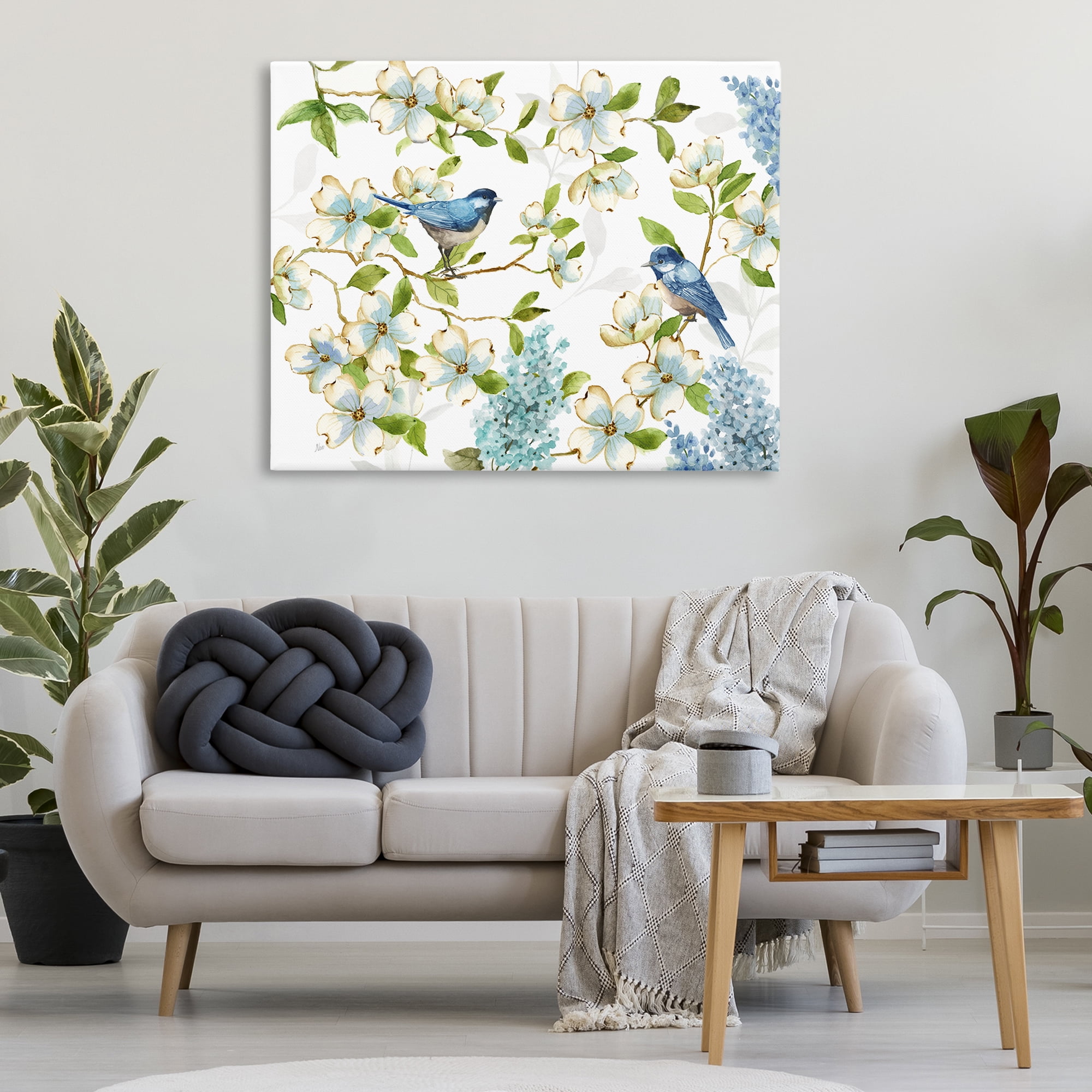 Stupell Industries Dogwood & Bluebirds Plants & Flowers Painting Wrapped Canvas Art Print Wall Art, 48 x 36