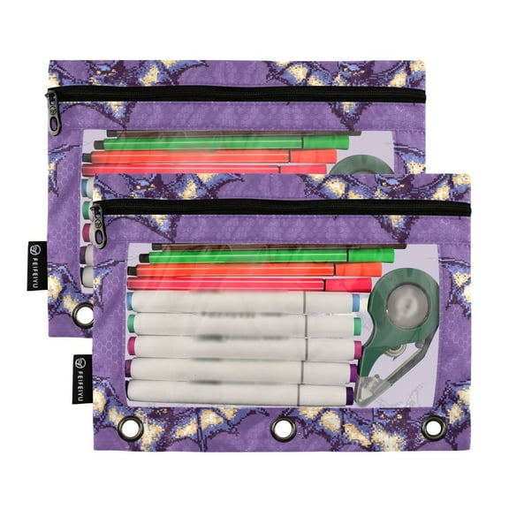 Ckdifva Pixelated Bats Pencil Pouch 3 Ring Zipper Pencil Case Binder Pockets Clear Top Cosmetic Bag 2 Pack