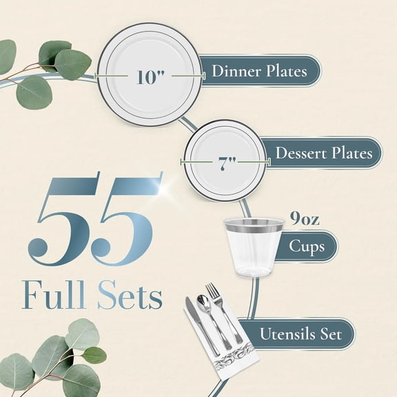 Plastic Plates for Party | 385 Pcs | White w/Silver  | Disposable Dinnerware Set for 55 Guests