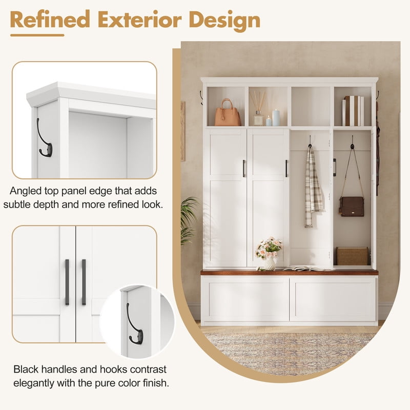 Modern Farmhouse Hall Tree with Bench and Storage Cabinets, Entryway Coat Rack with 6 Hooks, 4 Hidden Cabinets, Drawers and Open Shelves, Mudroom Organizer for Hallway, Living Room