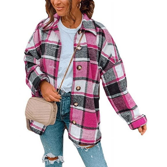 KISSMODA Womens Fall Plaid Flannel Lapel Button Down Oversized Blouses Tops Long Sleeve Boyfriend Casual Loose Shacket Jacket Coats
