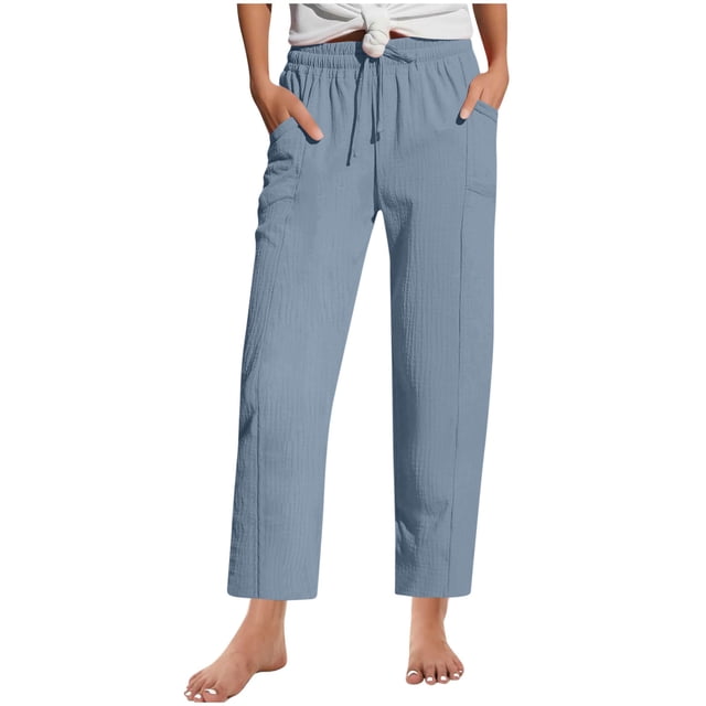 Plebaso Women's Pants High Waist Drawstring Loose Casual Pants Solid Color Lounge Trousers with Pockets