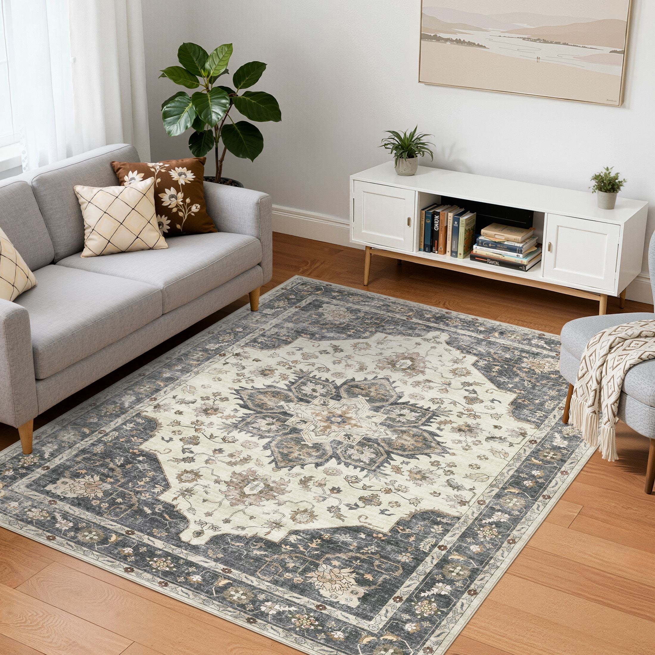 Uermei 6'x9' Vintage Traditional Area Rug: Washable Non-Slip Farmhouse Distressed Indoor Carpet for Living Room Bedroom Dining Room - Beige Blue