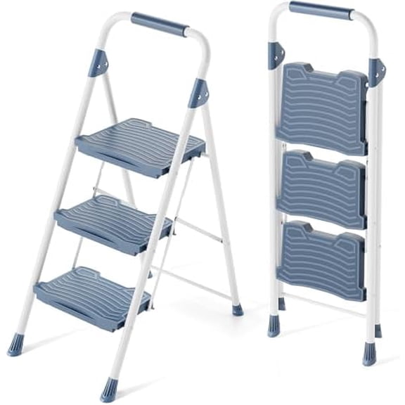 3 Step Ladder, 900lbs Sturdy Step Stool with Handrail, Non-Skid Wide Pedals, Foldable 3 Stepladder with Safety Locking for Home, Garage, Garden, Office, Blue