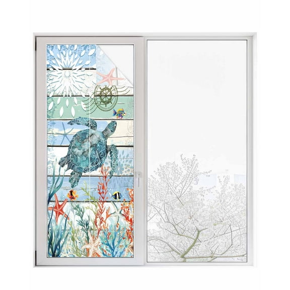 Window Privacy Film Sea Turtle Ocean Stained Glass Window Film Decorative Sun Block Window Cover Summer Beach Coastal Coral Nautical Window Clings Static Adhesive Sticker for Bathroom 23.6"x59"