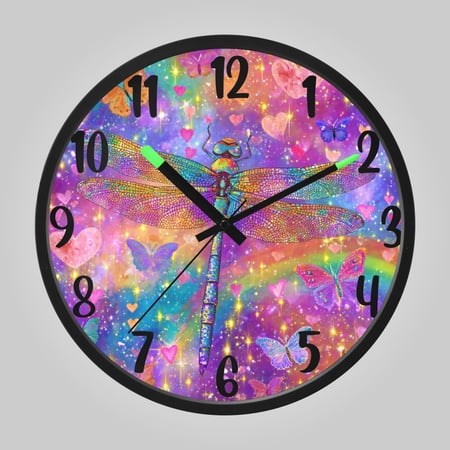 RMDQTR 12 Inch Sound-Activated LED Night Light Wall Clock Silent Sweep Movement Acrylic Face Battery-Operated for Bedroom/Living Room/School// Neon Dragonfly Hearts Butterflies
