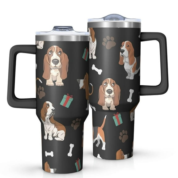 OBREWU Basset Hounds with Bones and Presents Tumbler with Handle and Lid,Basset Hounds with Bones and Presents 40oz Double Wall Vacuum Insulated Tumbler,Cups Gift for Women and Men