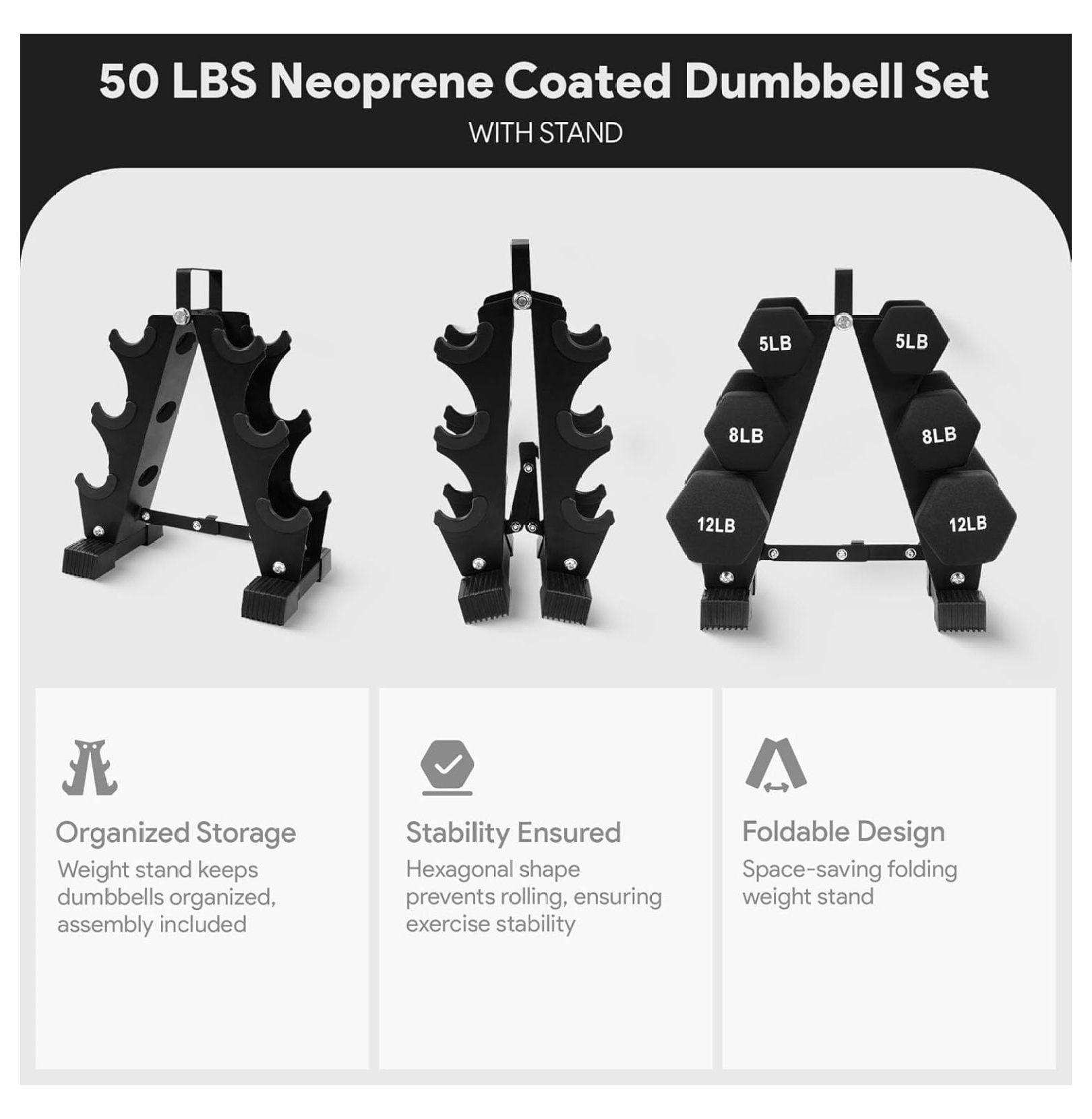 Neoprene Dumbbell Set with Stand – 50lb Hex Weights for Strength Training, Home Gym – Color Coded Non-Slip Grip, Complete 5, 8, 12lb Pairs
