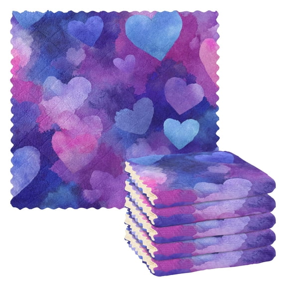 6PCS Dish Towels and Dish Cloths Reuseable Dishcloths Sets for Washing Dishes, Cooking, Baking Size 11" x 11" Indigo and Violet Hearts