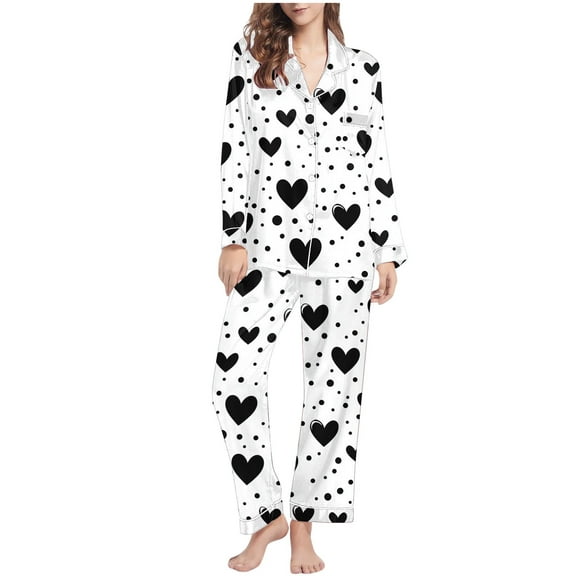 ABATAB Valentine's Day Women Pajama Sets Two Piece love heart print Nightwear long Sleeve Pants Sleepwear Button Down outfits