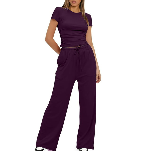 FAIWAD Ensemble Détente 2 Pcs pour Femme, Hauts Courts à Manches Courtes, Pantalon à Jambe Droite, Ensemble Confortable Extensible, Survêtements Décontractés