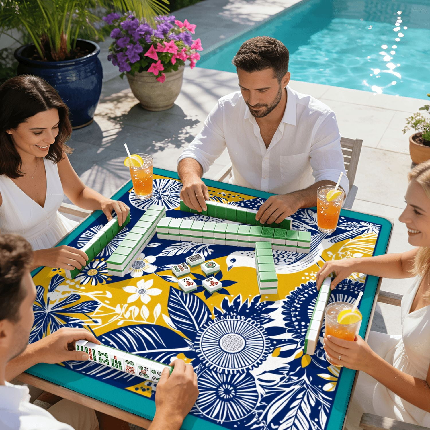 Mahjong Mat 31.5" x 31.5" Floral Bird Design Blue Yellow Abstract Elements Non-Slip Noise Reduction American Mahjong Tiles Table Cover for Dominoes Poker Card Board Games Gift
