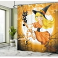 thumbnail image 3 of Halloween Shower Curtain, Cute Sexy Witch on a Broom with Baby Kitten and Hazy Moonlight Halloween Themed, Fabric Bathroom Set with Hooks, 69W X 75L Inches Long, Multicolor, by Ambesonne, 3 of 4