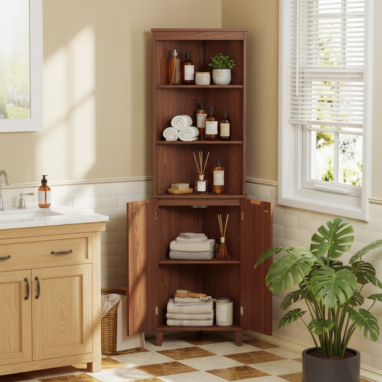 Costway 68" Tall Corner Bathroom Cabinet with Fluted Doors, 6-Tier Bathroom Storage Cabinet Walnut