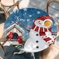 thumbnail image 2 of Blue Grey Snowman Christmas Round Tablecloth, Fitted Table Cover with Elastic for 55"-60" Round Tables, Xmas Snowflake Birds Berry Winter Table Cloth Outdoor Dinning Party Waterproof Tablecloths, 2 of 7