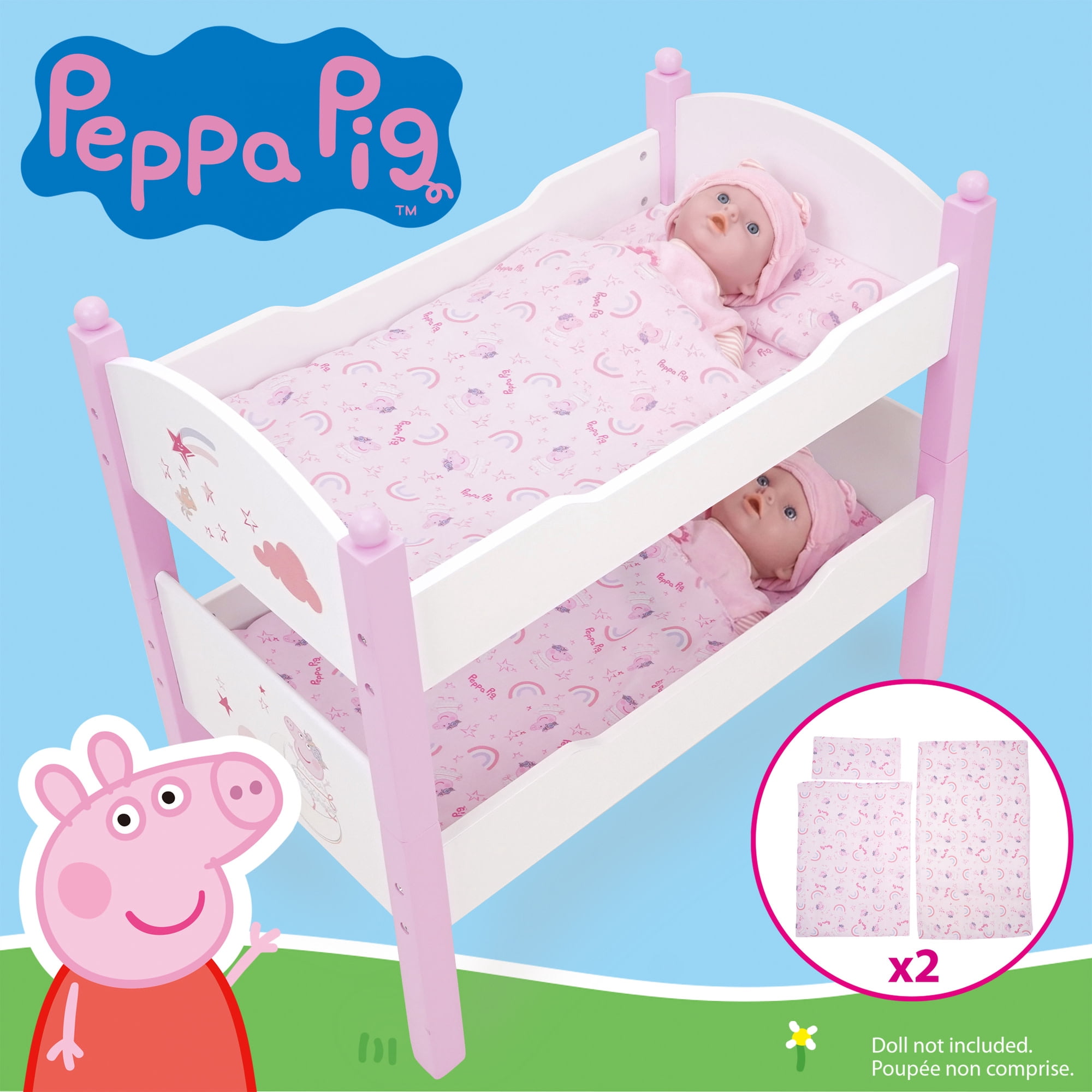 509 Crew: Peppa Pig - Wooden Doll Bunk Bed - Pink & White, Convertible to Single Beds, Blankets & Pillows, Doll & Plush Sleep Accessory Toy, Kids 3+