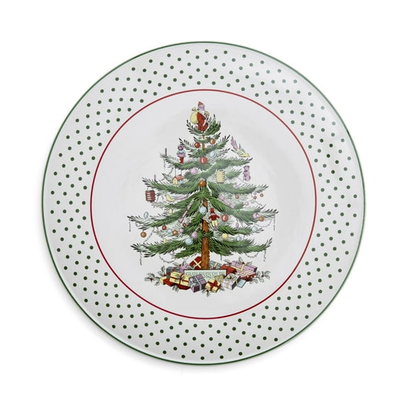 Spode Christmas Tree Polka Dot Cake Plate - 11" Cookie, Cupcake, Dessert Serving Platter - Porcelain Cake Stand for Holiday Gatherings - Dishwasher, Microwave, Freezer Safe