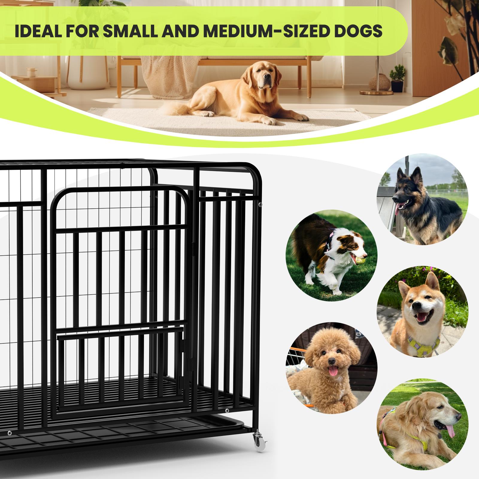 42in Heavy Duty Dog Crate for Large Dogs, Dog Kennel Indoor with Removable Tray and Lockable Wheels, Easy to Clean, XL Dog Cage for Large and Medium Dogs