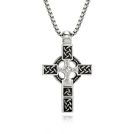 Nordic Viking Cross Necklace for Men Oxidized Silver Irish Celtic Cross Pendant Necklace Religious Gift for Men Dad Boyfriend Uncle