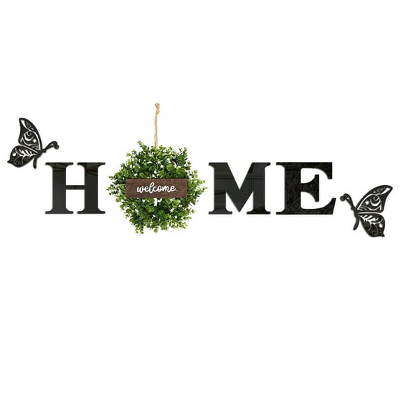 Black Mirror Like Reflective Acrylic Home Letters Decor Home Sign Wall Stickers Featuring Faux Money Star Bud Leaves Wreath with Wooden Welcome Sign