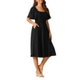 thumbnail image 4 of Vestido midi casual de mujer con volantes y mangas cortas, con bolsillos, escote cuadrado, cintura elástica fruncida, color negro, talla L, 4 of 6
