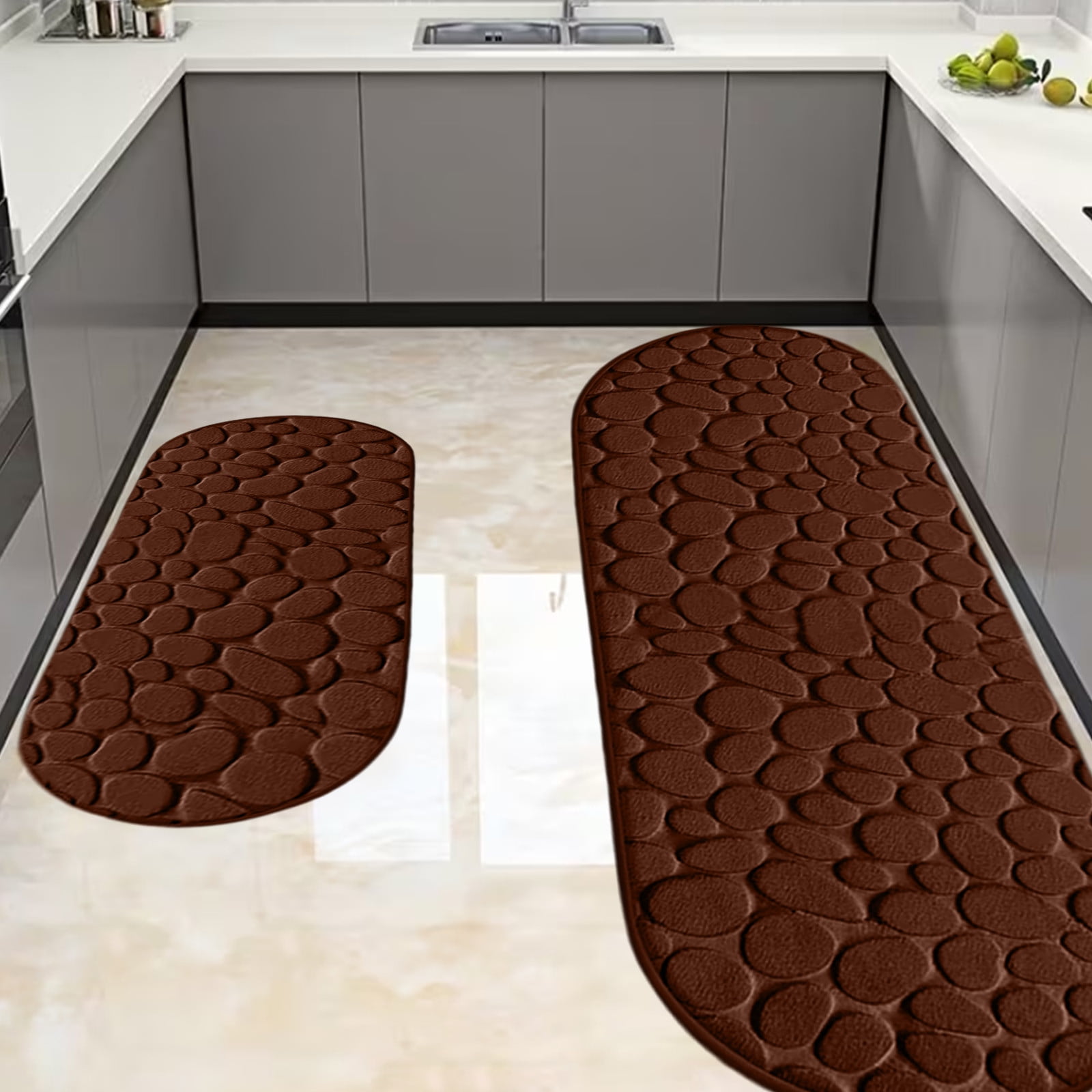 Cobblestone Pattern Rugs Set 2 Piece, Memory Foam Water Absorbent Bath Mats, for Bathroom, Sink, Toilet and Floor (15.7x23.6in+15.7x47.2in, Brown)