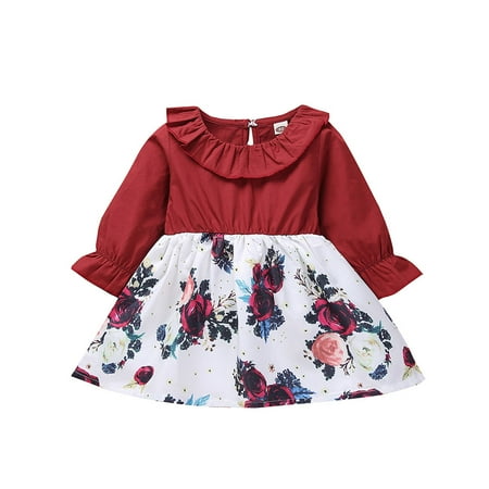 

Dadaria Boho Baby Girl Clothes 12M-4T Toddler Long Sleeve Floral Ruffled Collar Bubble Skirt Dress Outfits Red 80 Toddler