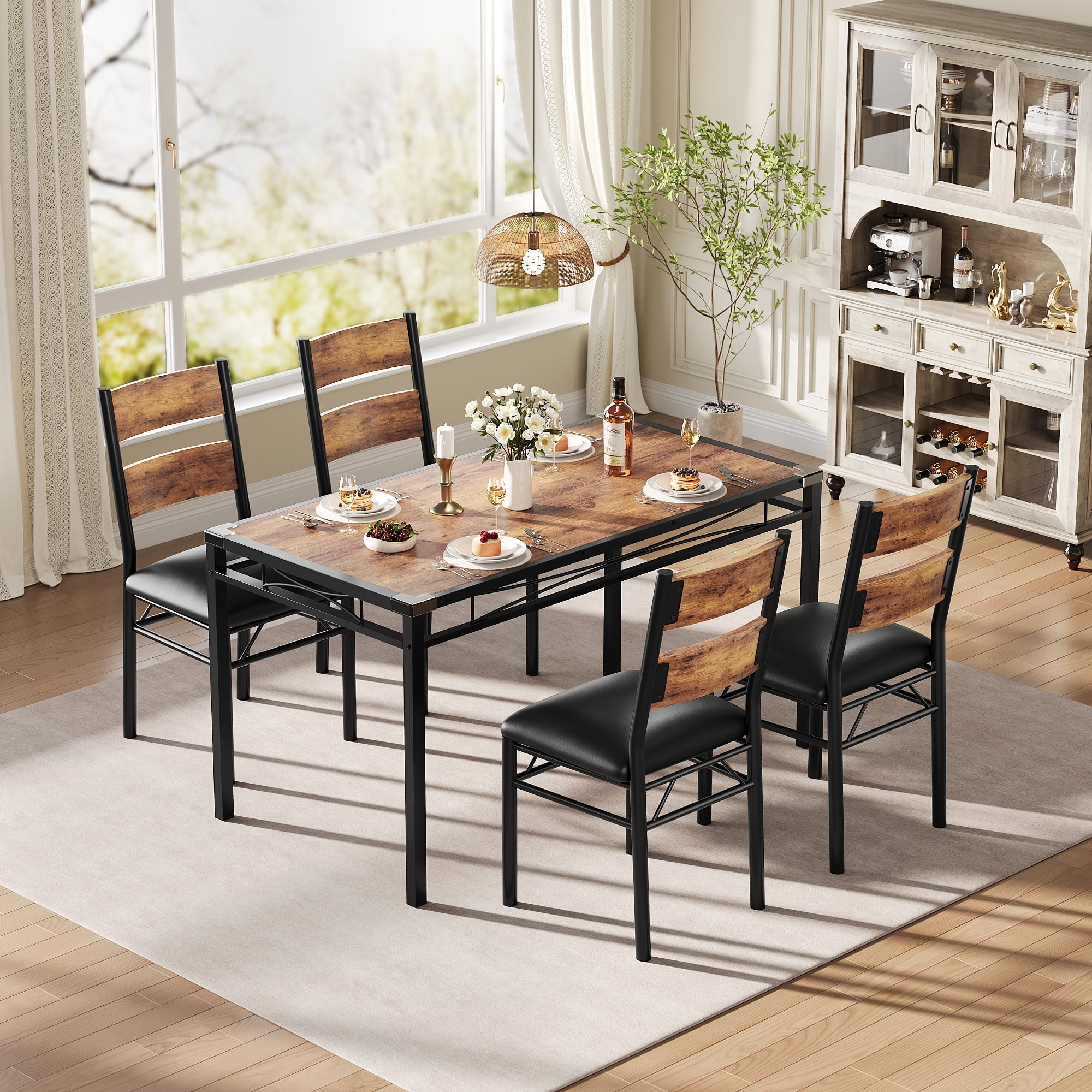 Dining Table Set for 2 with Upholstered Chairs, Wood Kitchen Table Chairs Set of 2 with Corner Protector for Small Space, Kitchen Room, Apartment