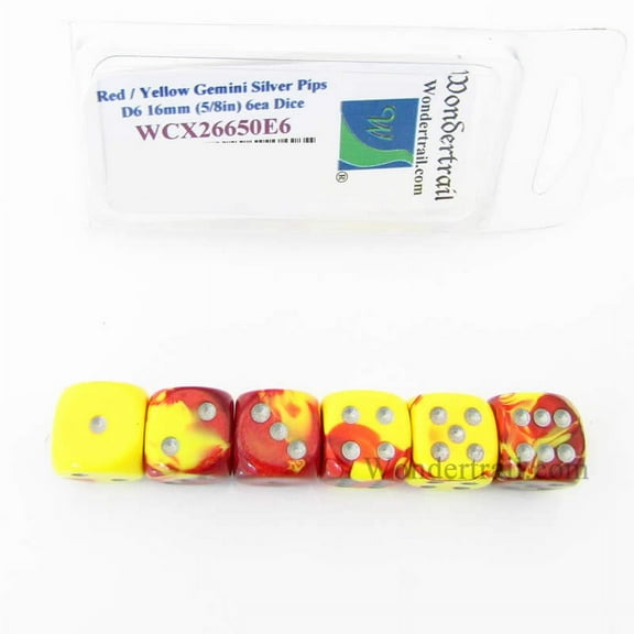Red and Yellow Gemini Dice with Silver Pips D6 16mm (5/8in) Pack of 6 Wondertrail