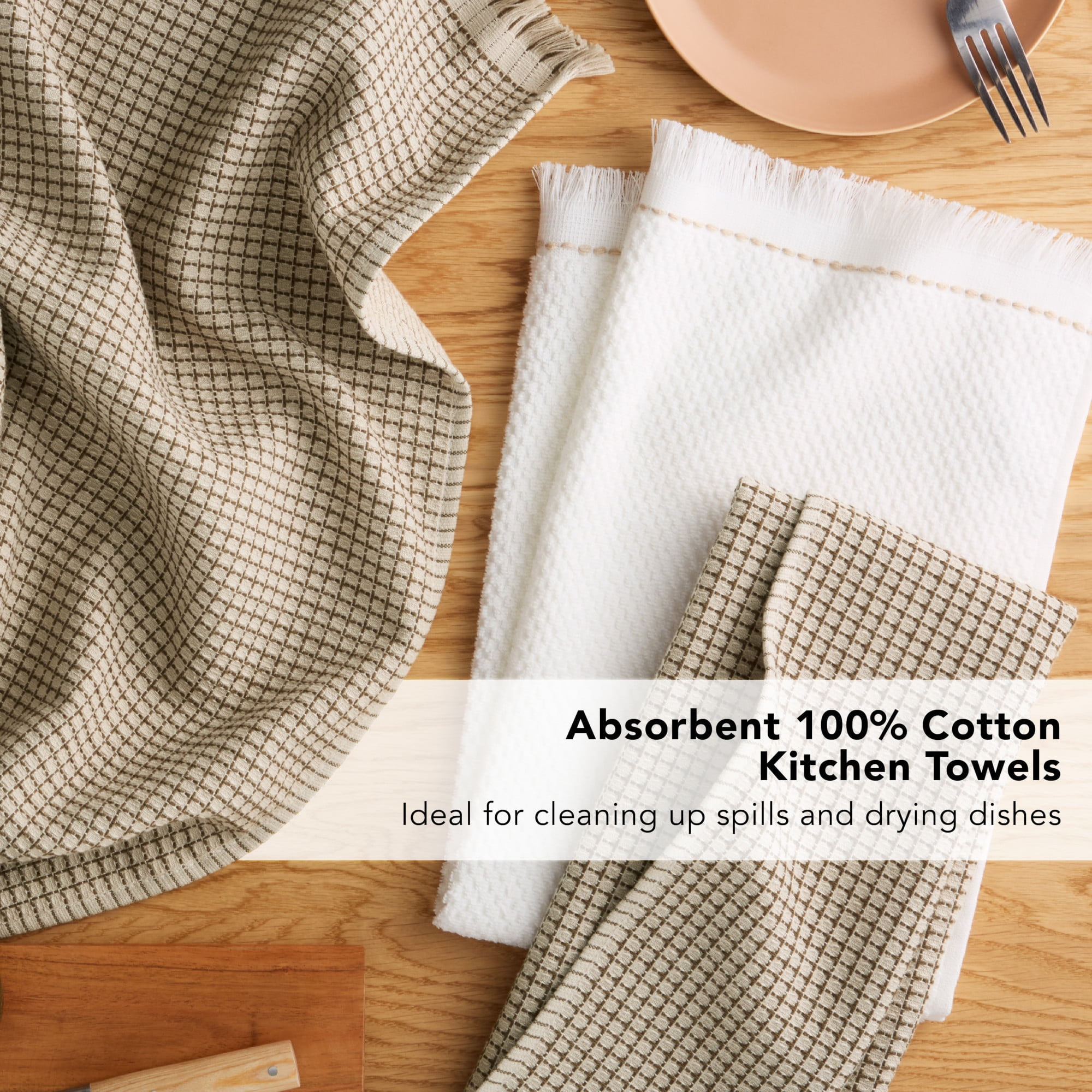 KITCHENAID Gourmet Series Gridlines Kitchen Towels 3-Pack Set, 100% Cotton Absorbent, Milkshake Tan, 18"x28"