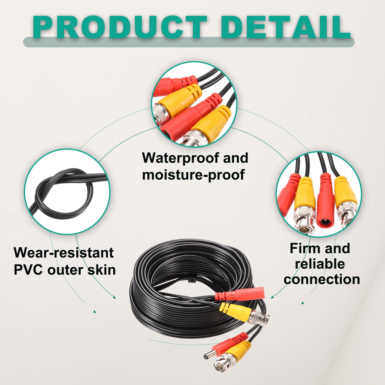 BNC Video Power Cable,15m/49ft All-in-One Security Camera Wire,4 Set Black
