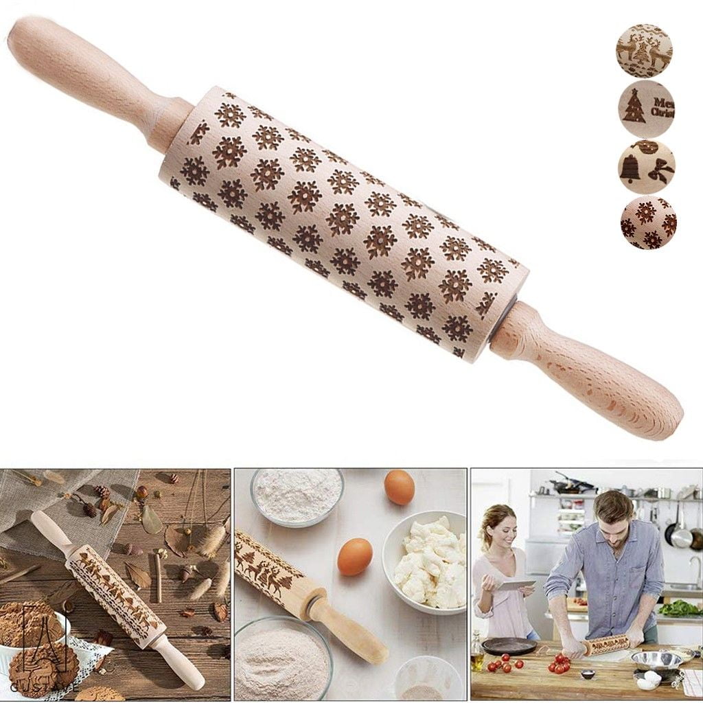 3D Christmas Embossing Wooden Rolling Pin Baking Cookies Tool Dough Roller
