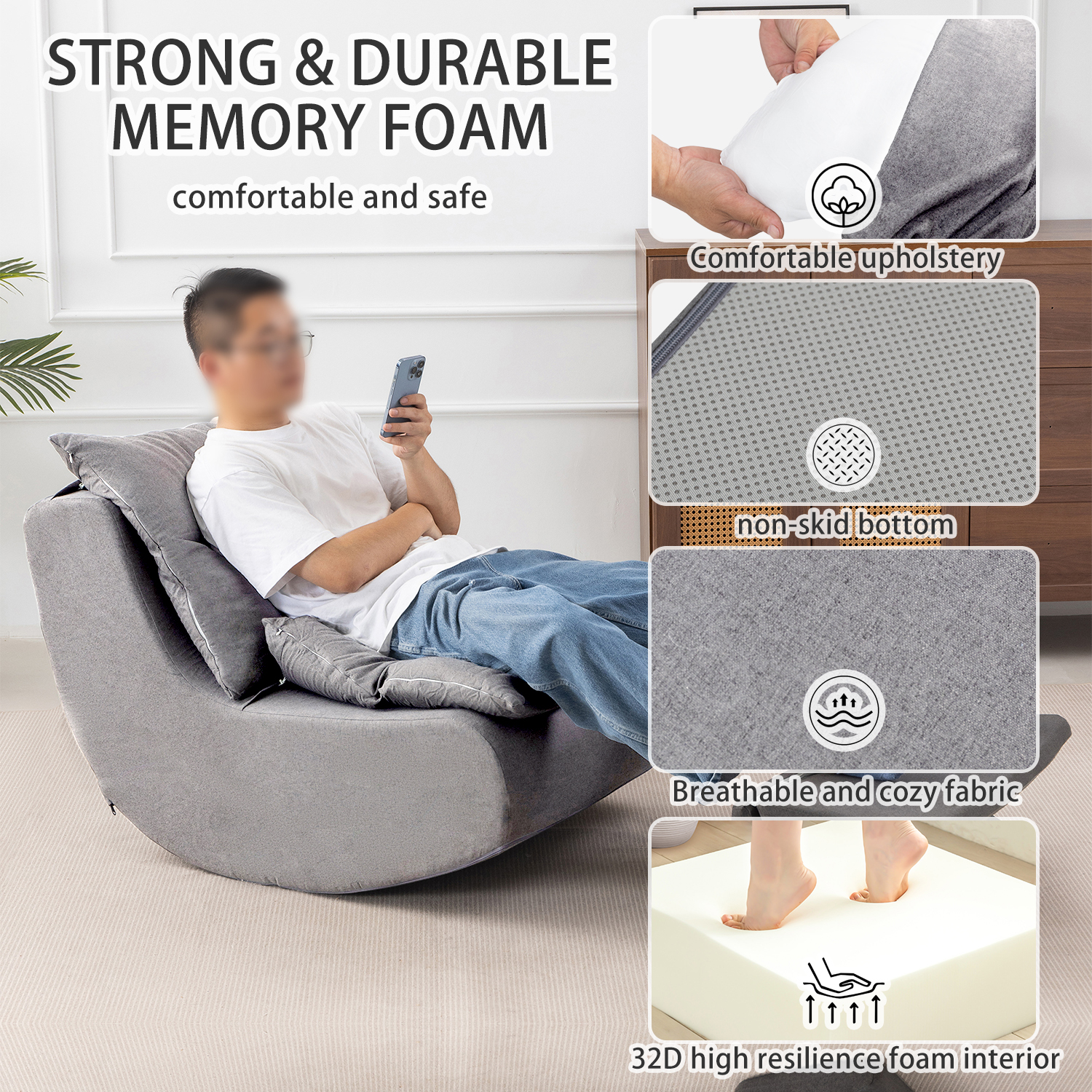 Cynefin Rocking Chair Nursery Glider, Boneless Chair, Convertible Upholstered Memory Foam Compressible Sitting Lounge Chair, Fireside Chair for Reading Relaxing in Livingroom Bedroom