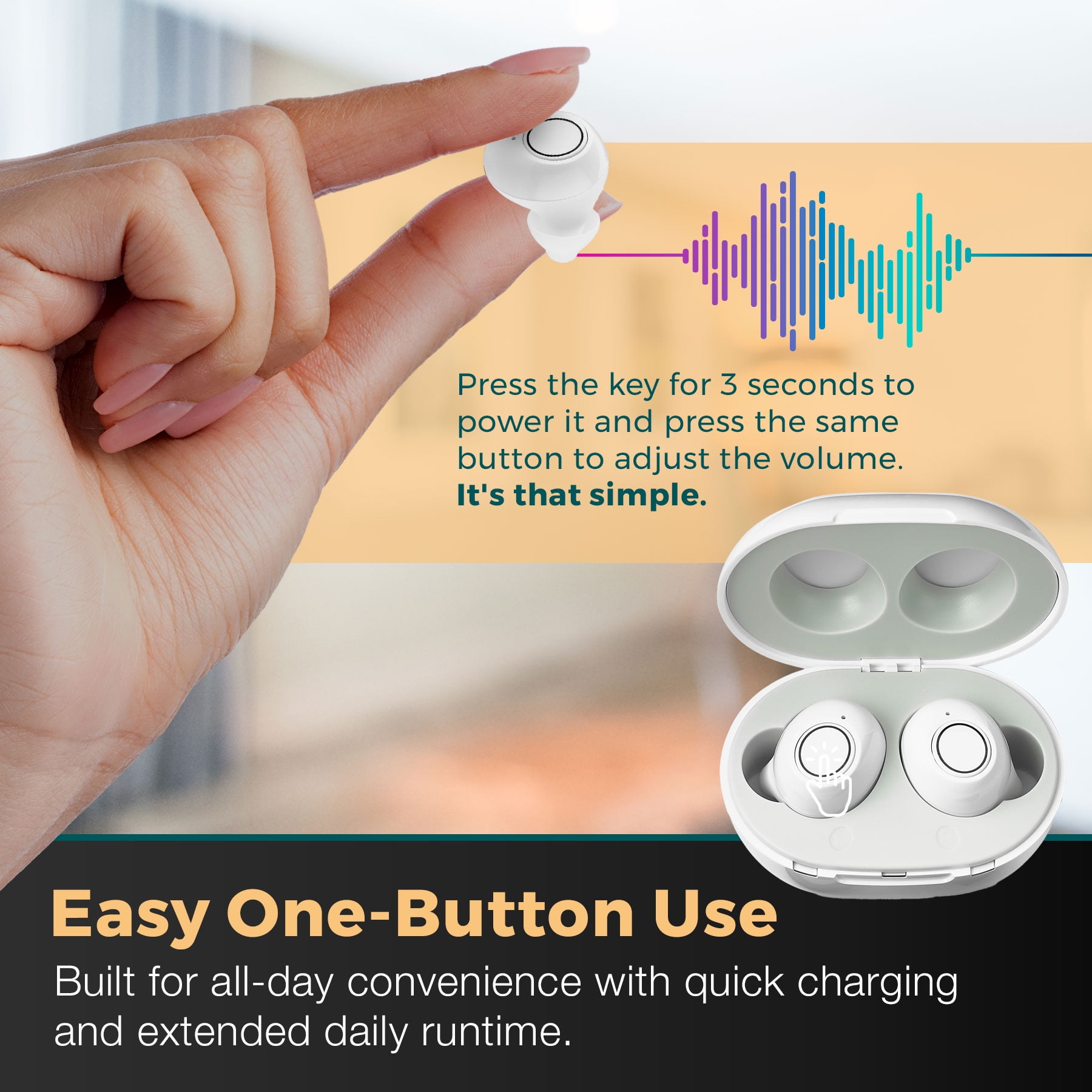 MEDca Digital Hearing Amplifier ITE Rechargeable 2 Piece Set Portable Charging Case - White