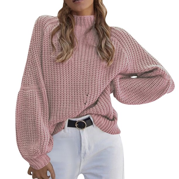 Gibobby Suéter de Cuello Alto para Mujer, suéter de cuello alto, punto de ganchillo, camisa básica de otoño e invierno 2023 Y2K(Rosa,XG)