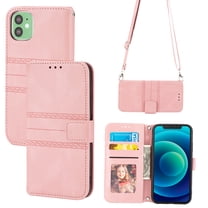 Feishell iPhone 12 Case with Credit Cards Holder, Wallet Magnetic Crossbody Shoulder Strap Flip Stand Purse Premium PU Leather Cover For iPhone 12 - 6.1", Pink