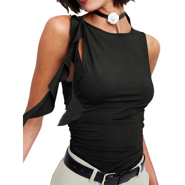 Txlixc Chaleco plisado femenino txlixc, blusa sólida de cuello redondo sin mangas anudada Txlixc moda