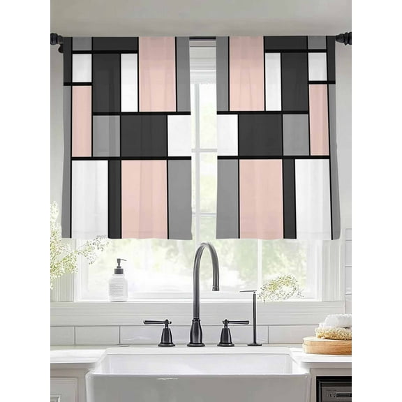 Blush Pink Grey Sheer Curtains 45 Inches Long 2 Panels Geometric Light Filtering Semi Sheer Window Curtains Drapes for Bedroom Living Room 52"x45" 2 Panels