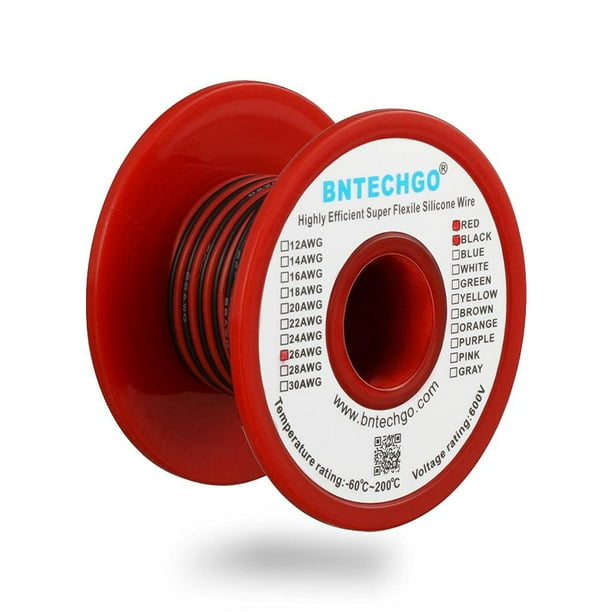 Bntechgo Carrete de alambre de silicona calibre 26, rojo y negro, cada 50 pies, 2 cables separados, alambre de cobre estañado trenzado flexible de 26 Awg
