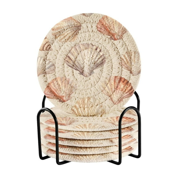 Yayeee 6 PCS Drink Coasters with Holder Set Woven Absorbent Round Tabletop Hot Pad, Purple Seashell