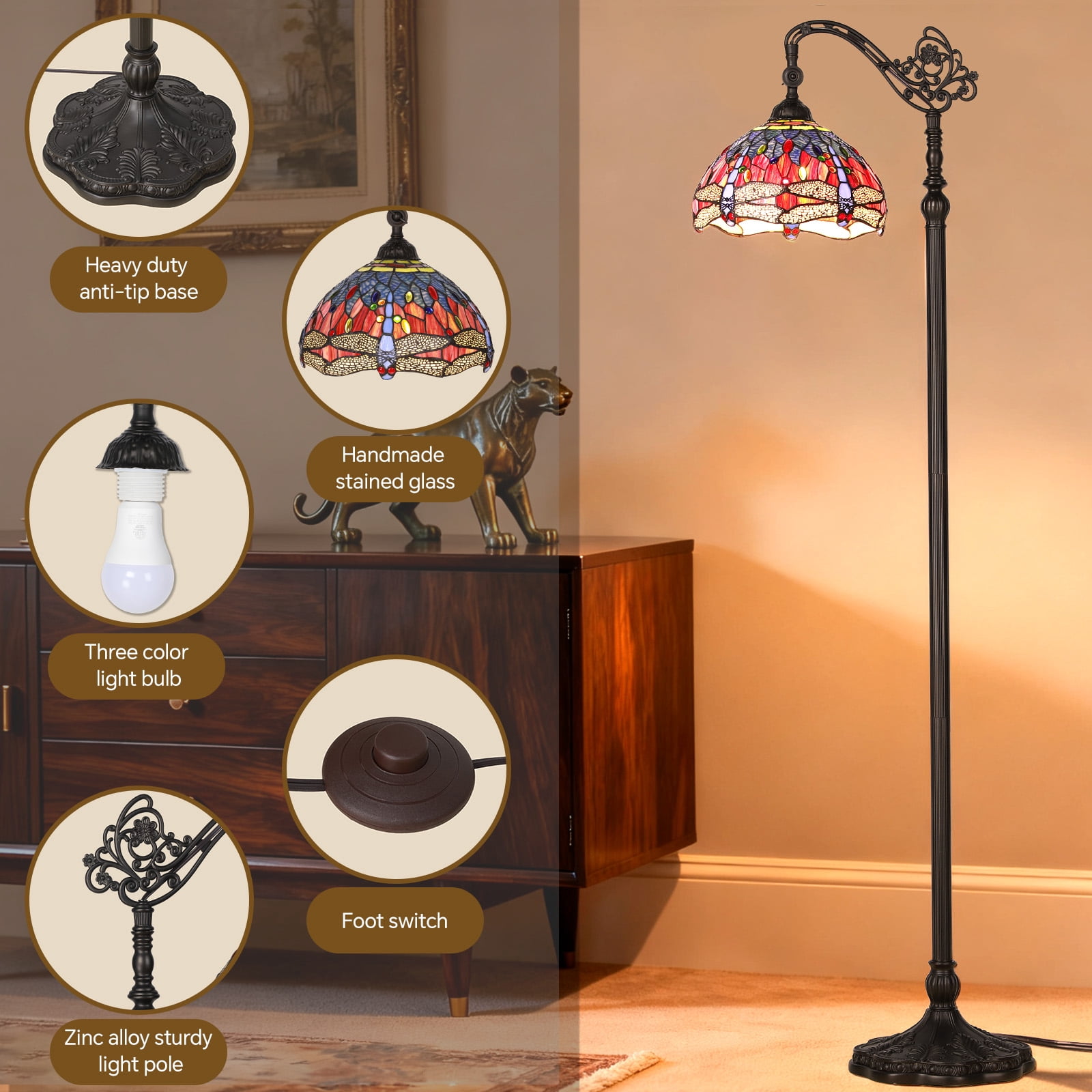 SUNMORY 64.5'' Stained Glass Floor Lamps, Lamps for Bedroom, Standing Floor Lamps for Living Room, Office Dormitory Bar Retro Unique Accent Decor Cottage Village Gift