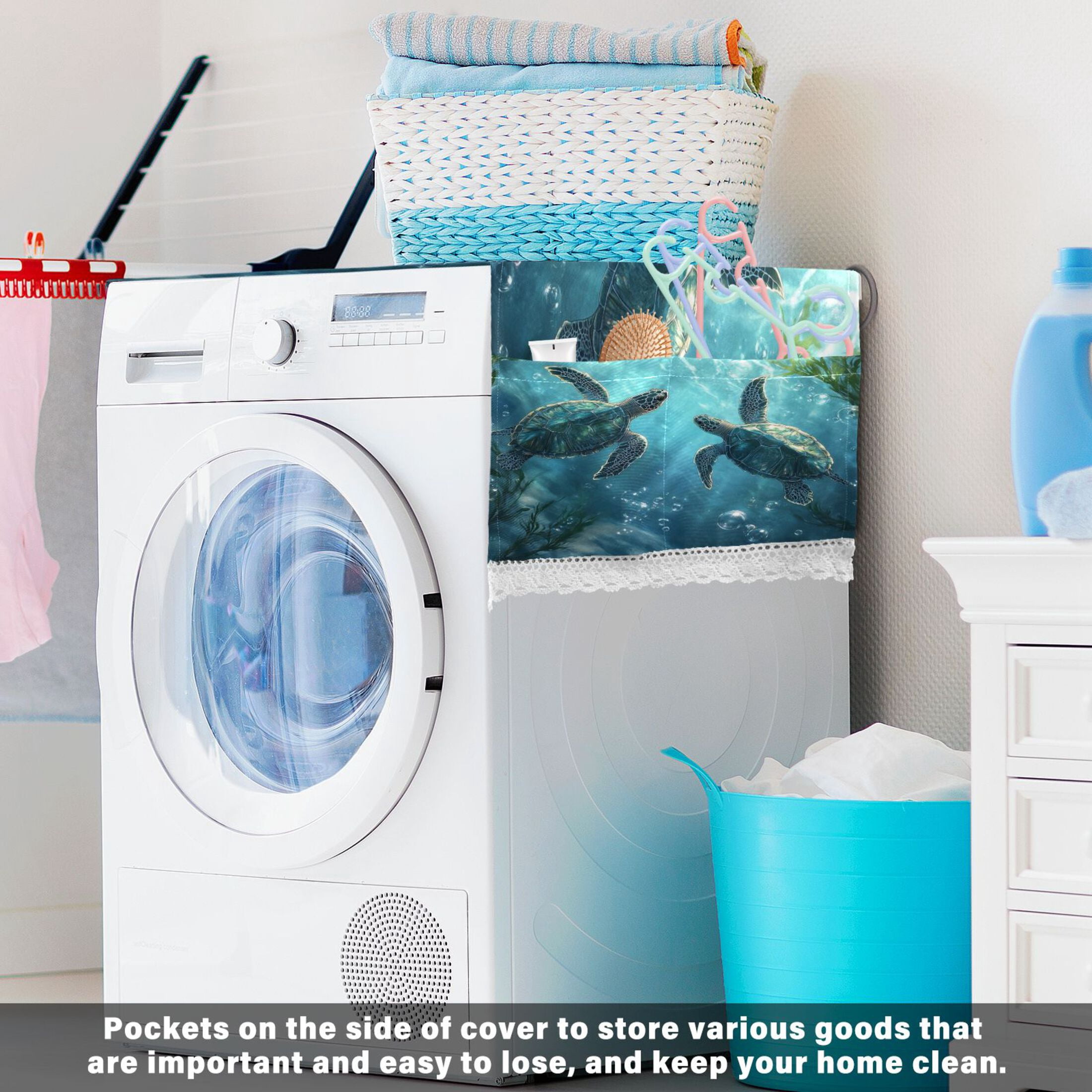 WOBOGO Sea Turtle Playing Figure Washing Machine Cloth Dryer Refrigerator Top Cover Protective Non-Slip Mat For Kitchen Laundry