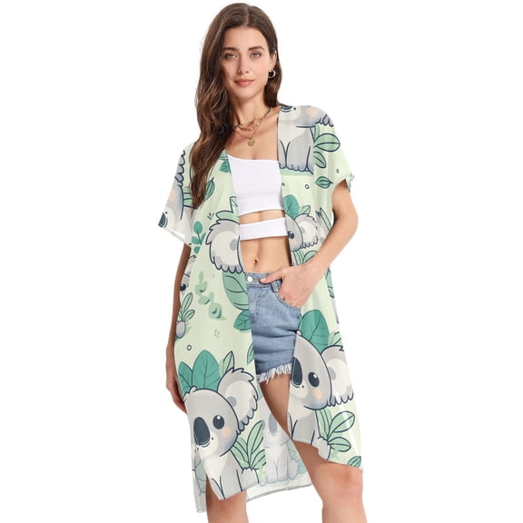 Beach Vacation Clothes Kimono Cardigan Loose Swimsuit Cover Up for Women Cute Cartoon Koala S